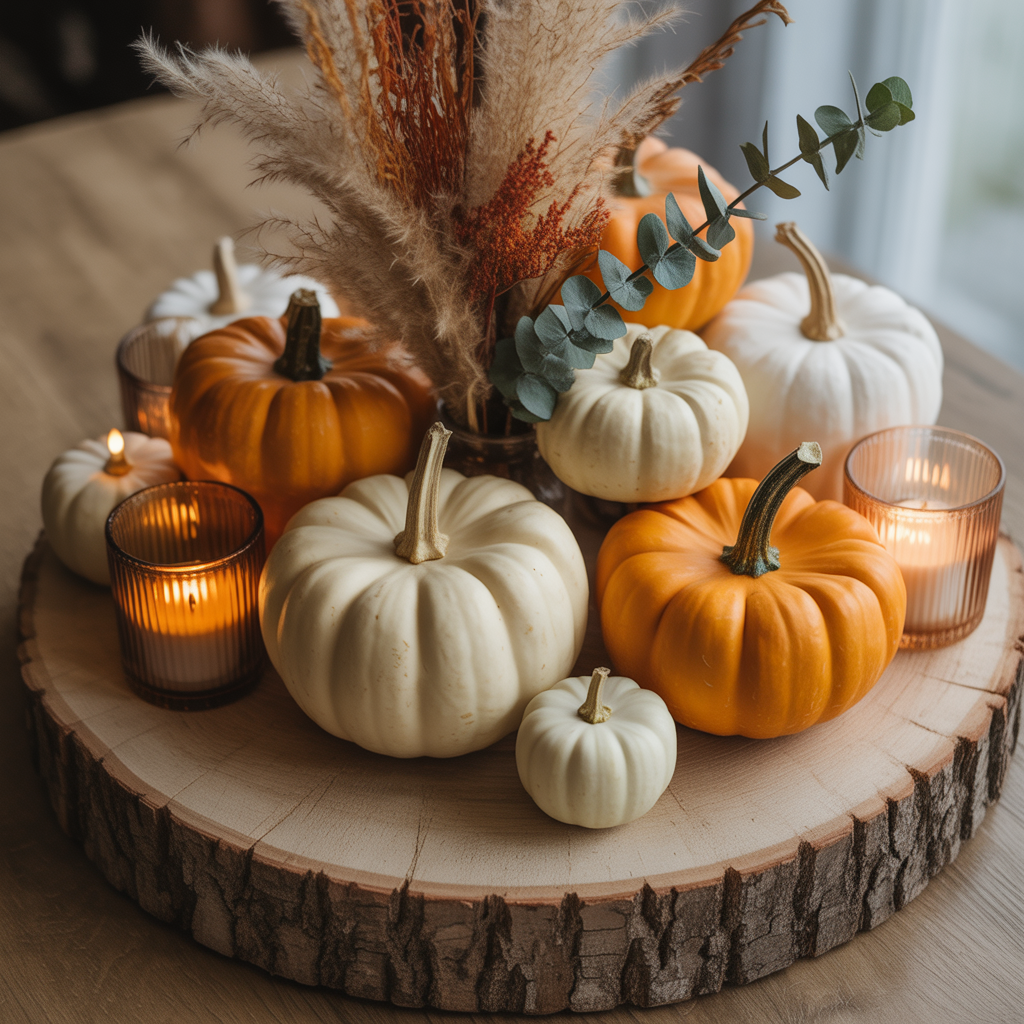 10 DIY Halloween Boho Centerpieces for a Festive Table 3 Halloween Boho Centerpiece with pumpkins on a wood slice.