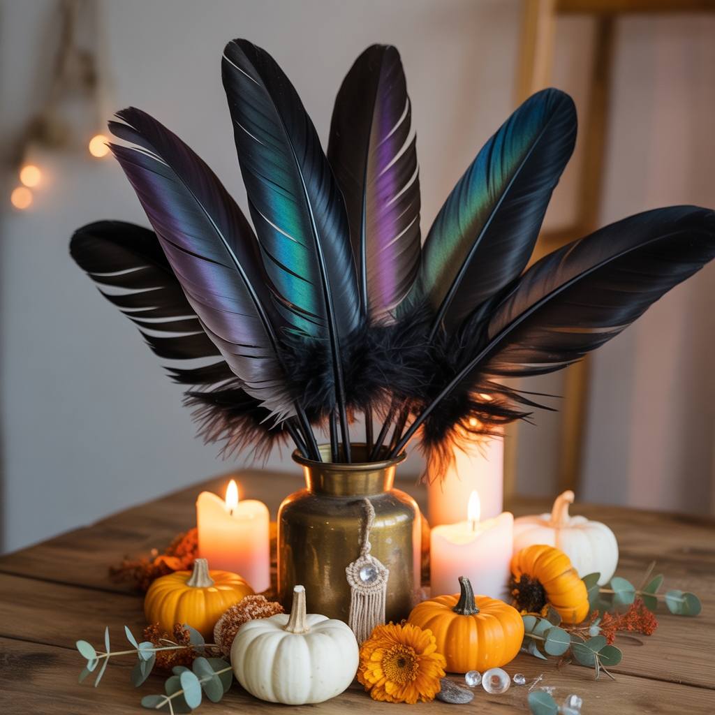 10 DIY Halloween Boho Centerpieces for a Festive Table 5 Halloween Boho Centerpiece with raven feathers in a vase.