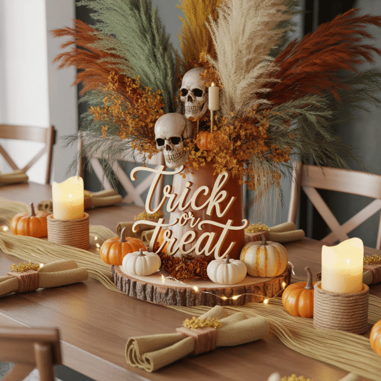 Halloween Boho Centerpieces feature image with a spooky boho design on a dining table.