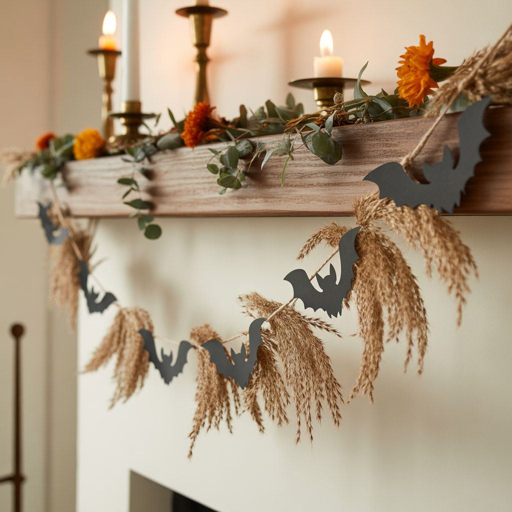 Halloween Boho Garland with bats and pampas grass on a mantel.