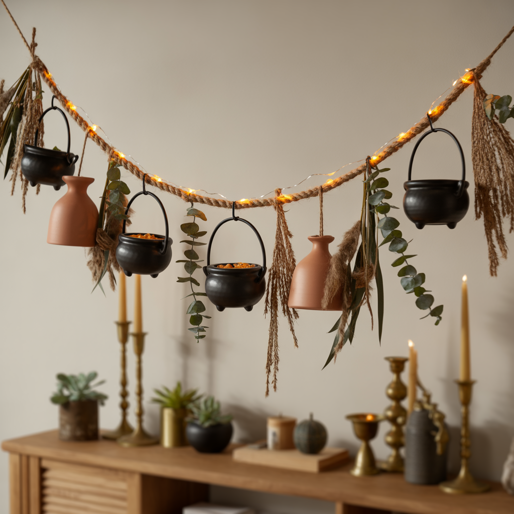  Halloween Boho Garland with cauldrons and twine above a console.