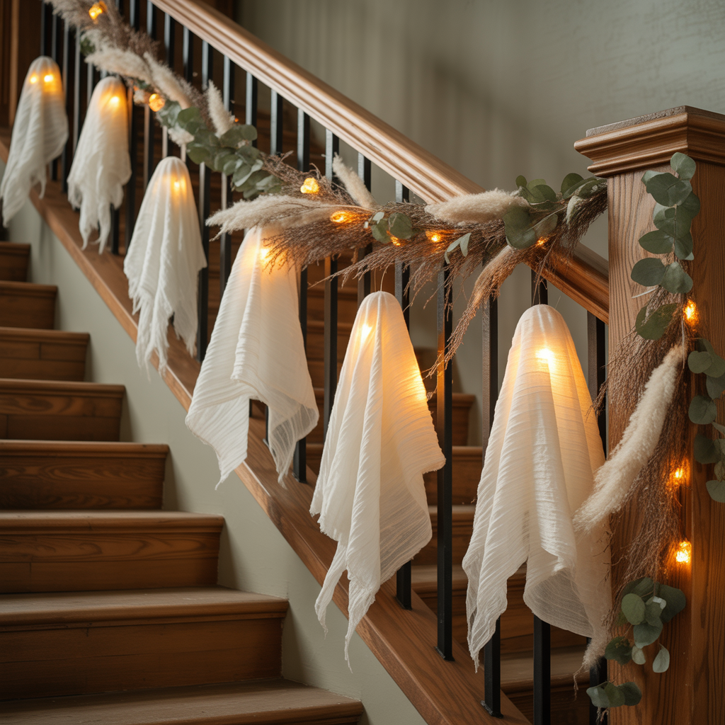 Halloween Boho Garland with cheesecloth ghosts on a staircase.