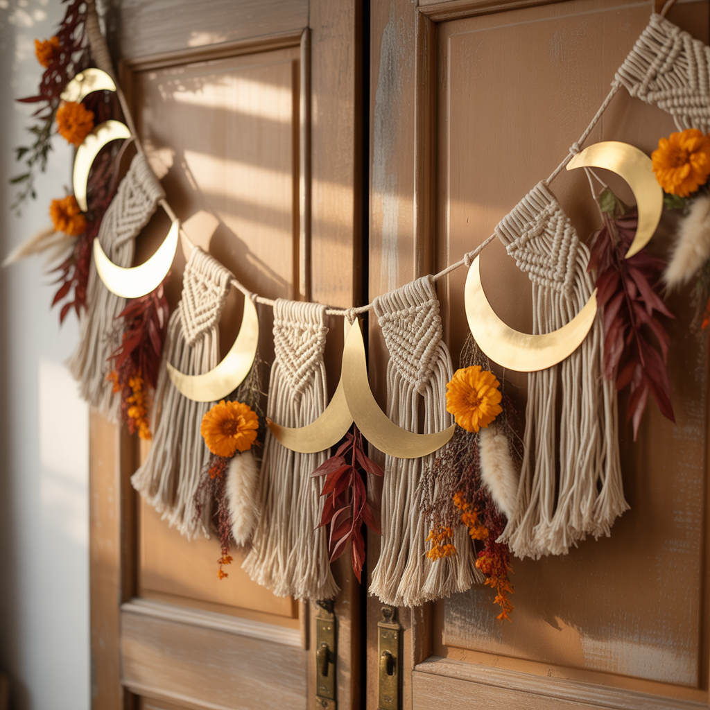 Halloween Boho Garland with gold moons and macramé on a door.