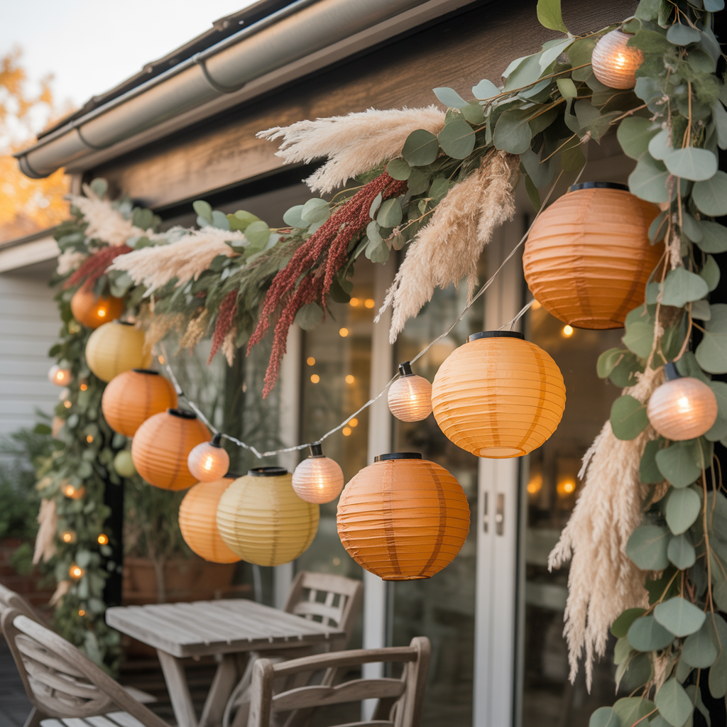 Halloween Boho Garland with lanterns and eucalyptus on a patio.