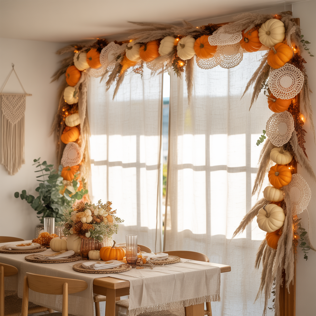 Halloween Boho Garland with pumpkins and lace in a dining nook.