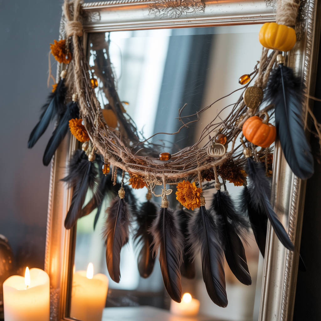 Halloween Boho Garland with raven feathers and twigs on a mirror.