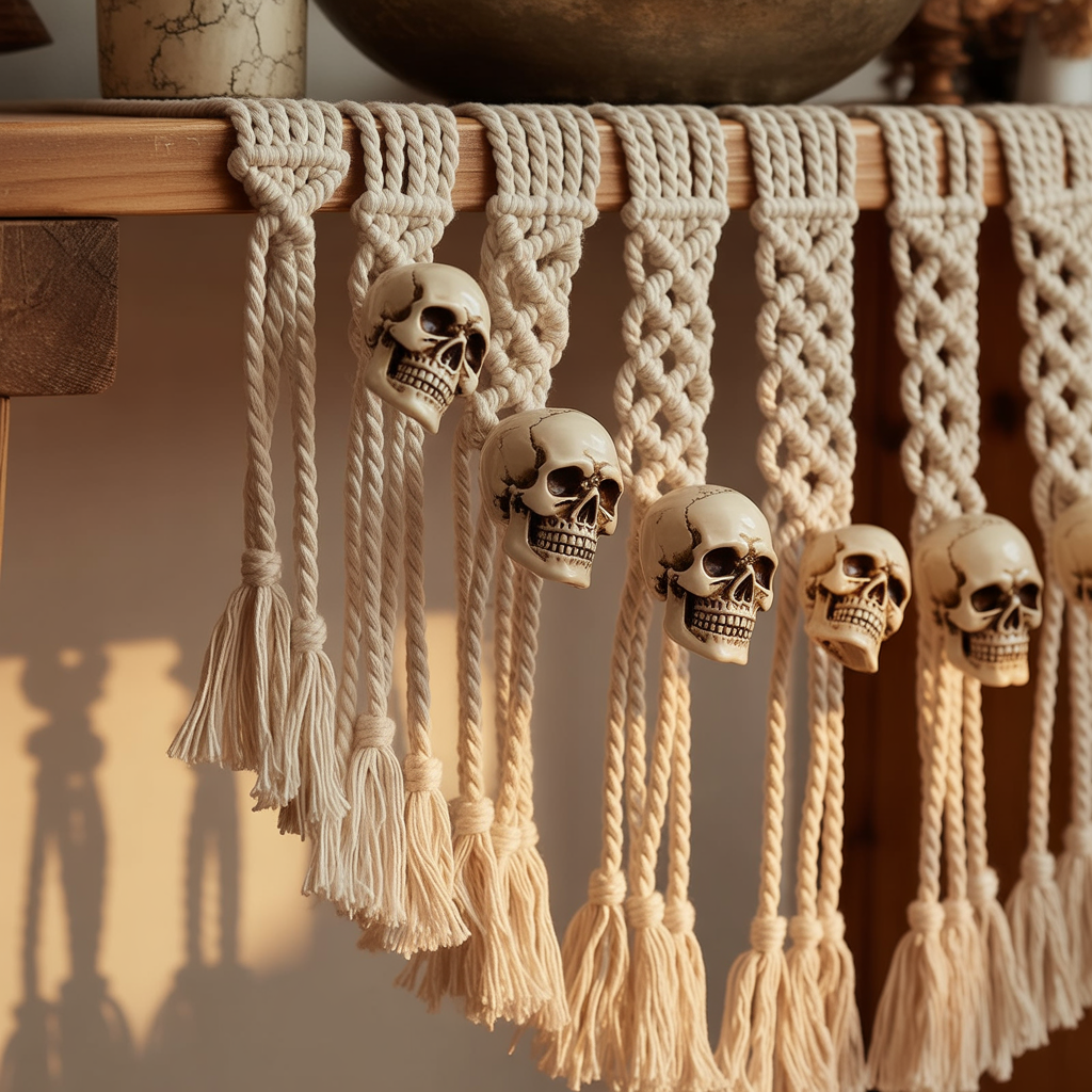 Halloween Boho Garland with skulls and macramé knots on a shelf.