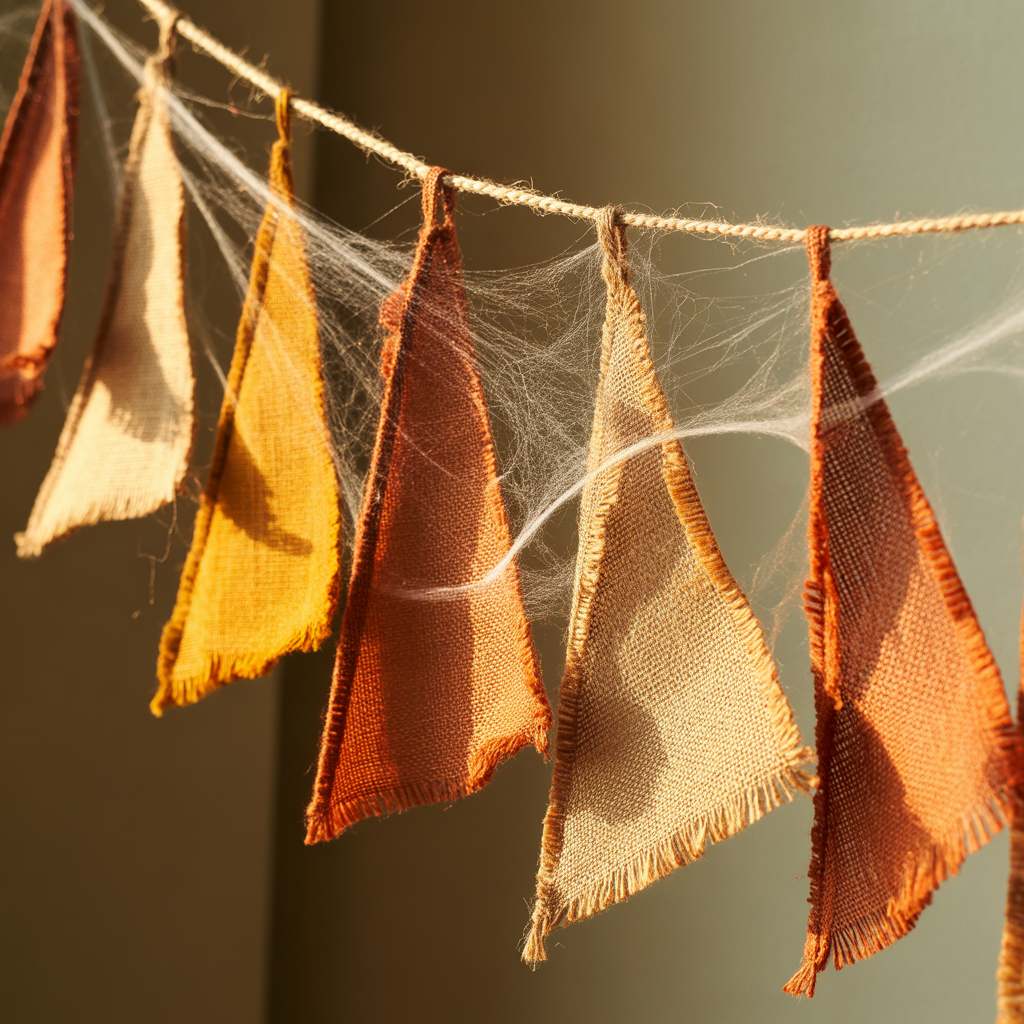 Halloween Boho Garland with spider webs and burlap triangles.