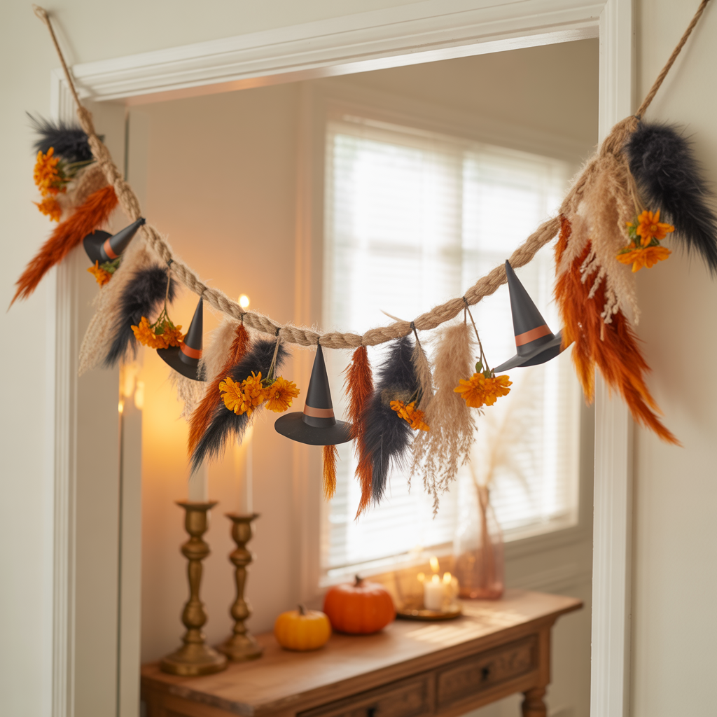 Halloween Boho Garland with witch hats and pampas in an entryway.
