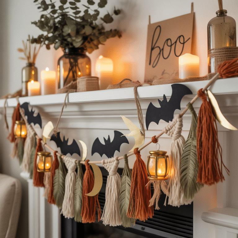 Halloween Boho Garlands feature image with layered spooky garland on a mantel.