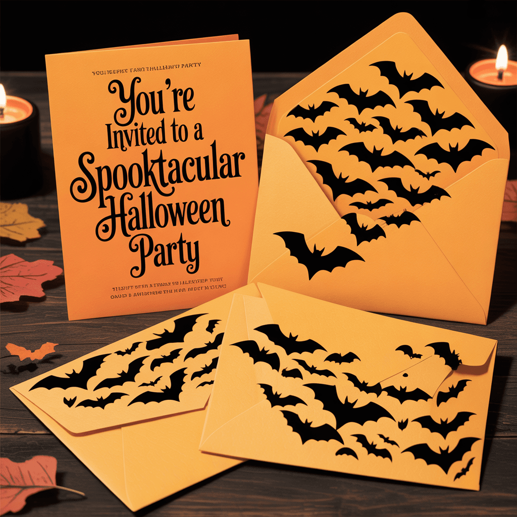 Halloween Party Invites with bat swarm stickers on envelopes.