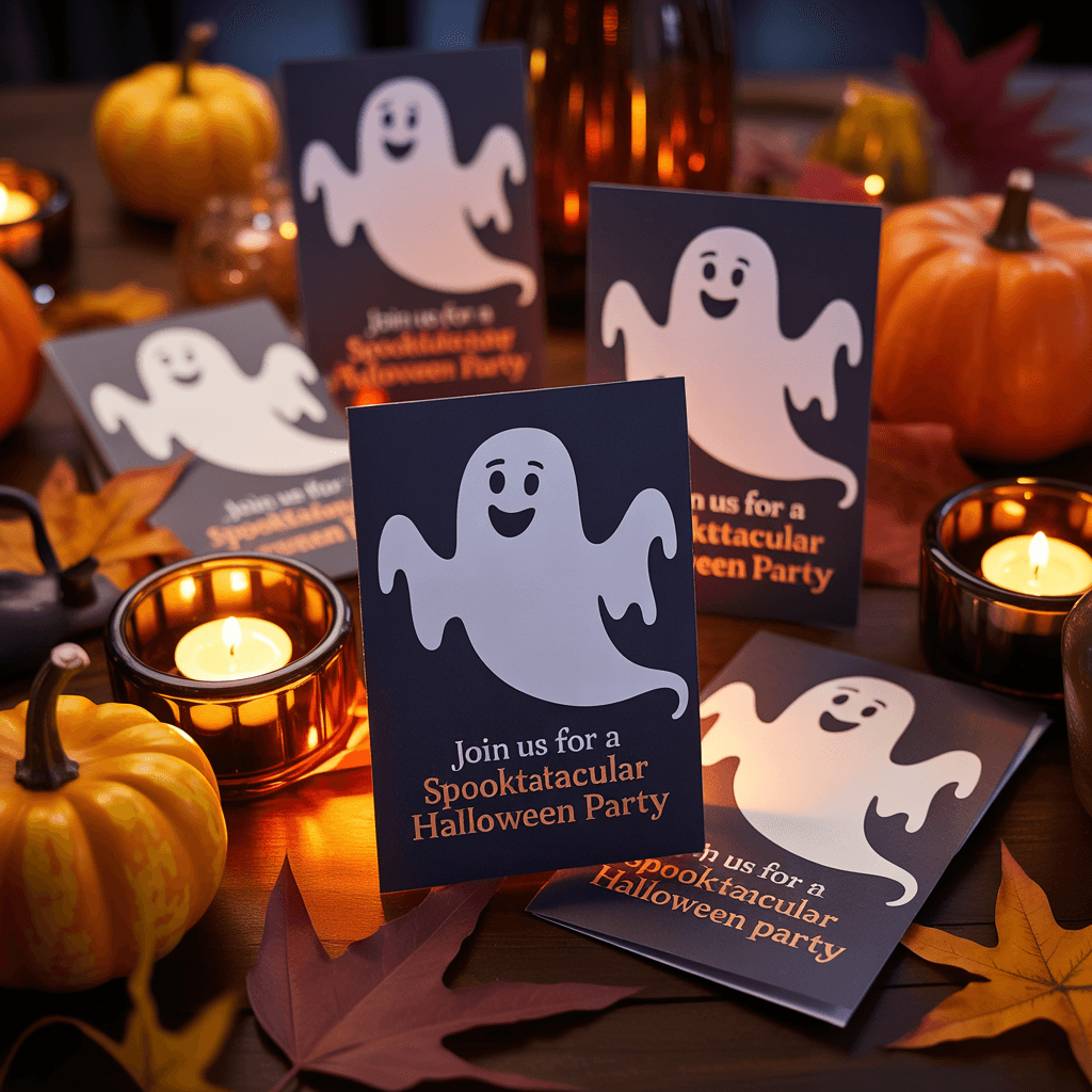 Halloween Party Invites with ghostly designs on a festive table.