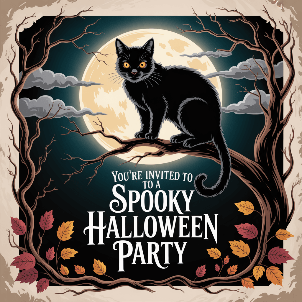 Halloween Party Invites with moonlit cat design for a spooky event.