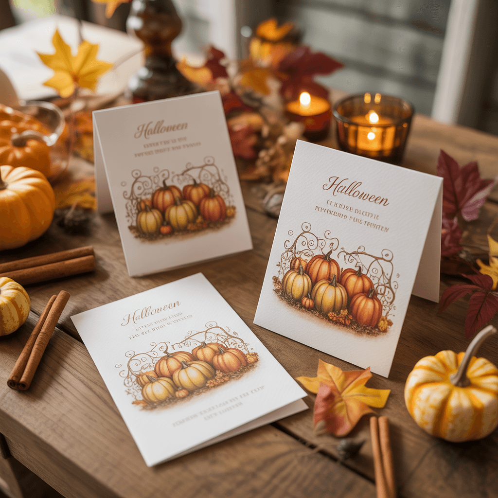 Halloween Party Invites with pumpkin patch design on a fall table