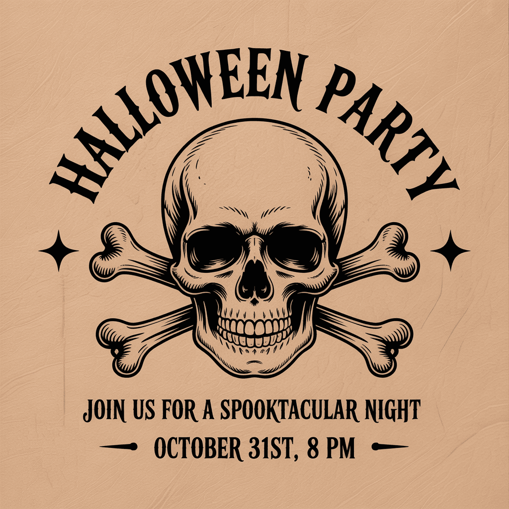 Halloween Party Invites with skull and bones on kraft paper.