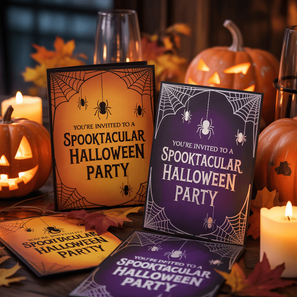 Halloween Party Invites with spider web design in a party setup.