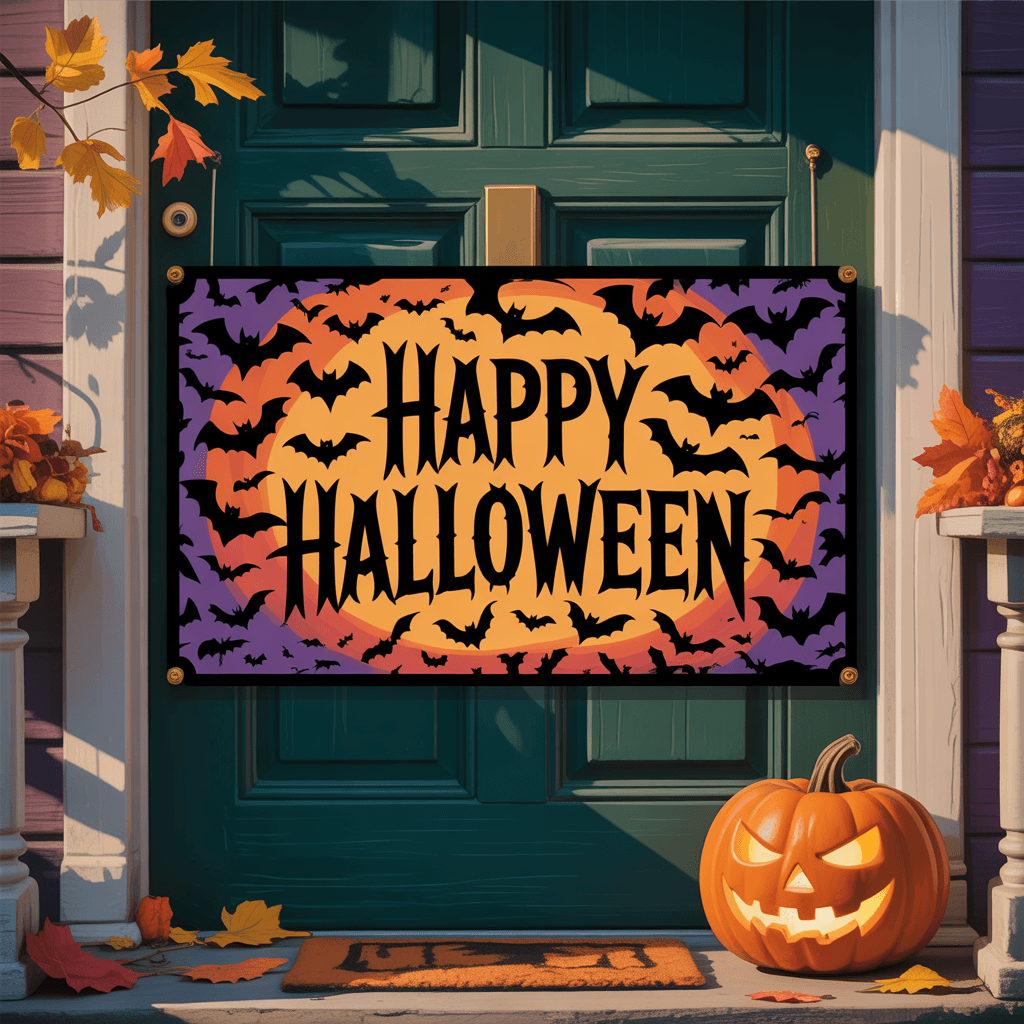  Halloween Printable Door Signs with bat swarm on a front door