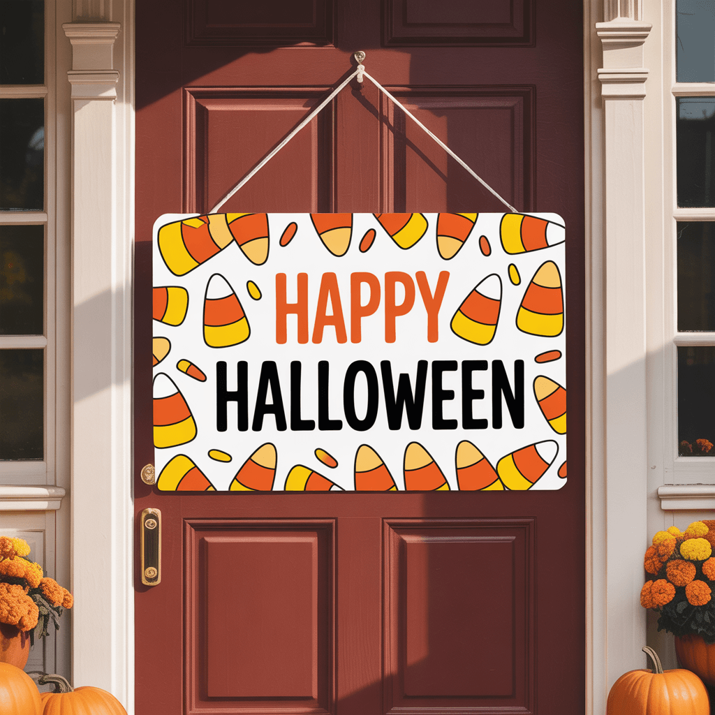 Halloween Printable Door Signs with candy corn on a front door.
