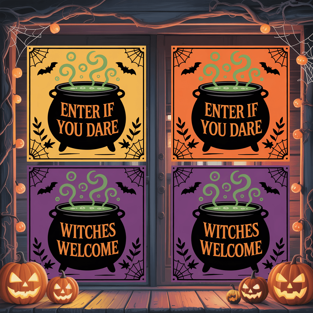 Halloween Printable Door Signs with cauldron design on a porch door.