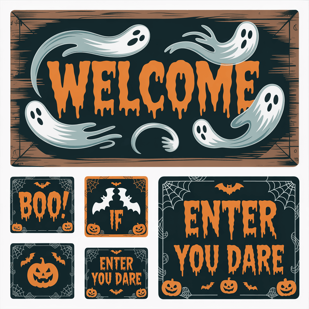 Halloween Printable Door Signs with ghostly welcome on a door.