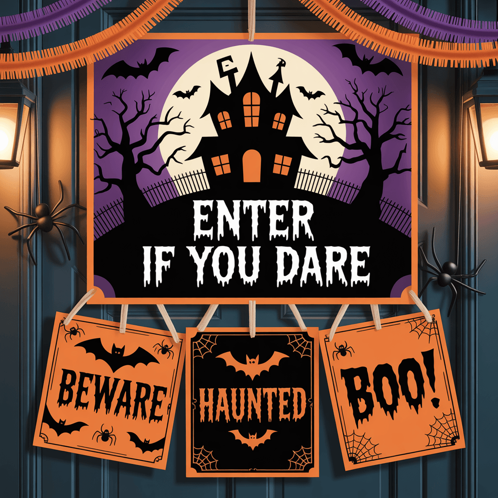  Halloween Printable Door Signs with haunted house on a party door.