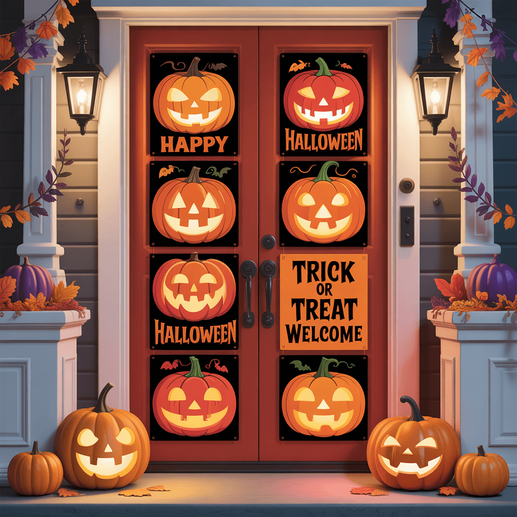 Halloween Printable Door Signs with jack-o’-lantern on a front door.