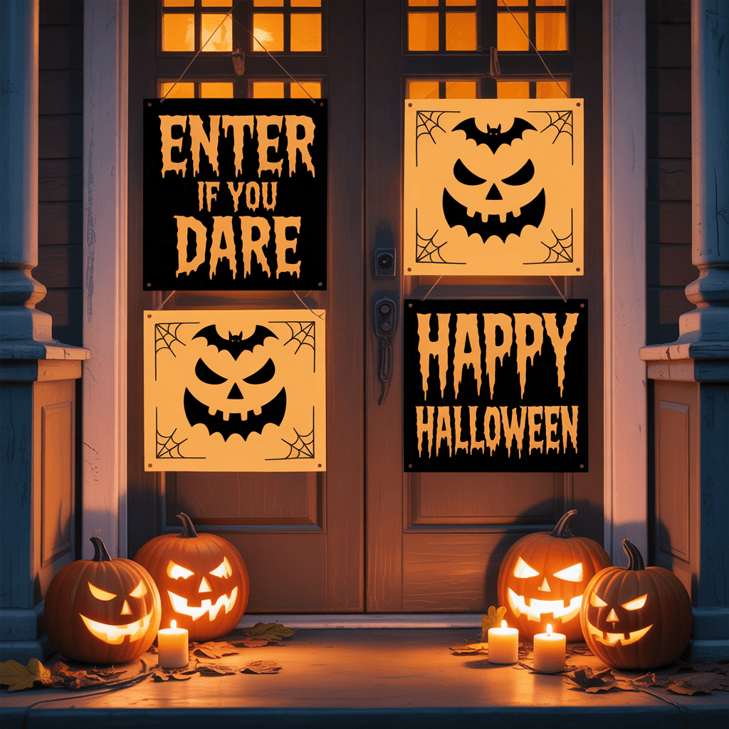 Halloween Printable Door Signs with pumpkin glow on a front door.