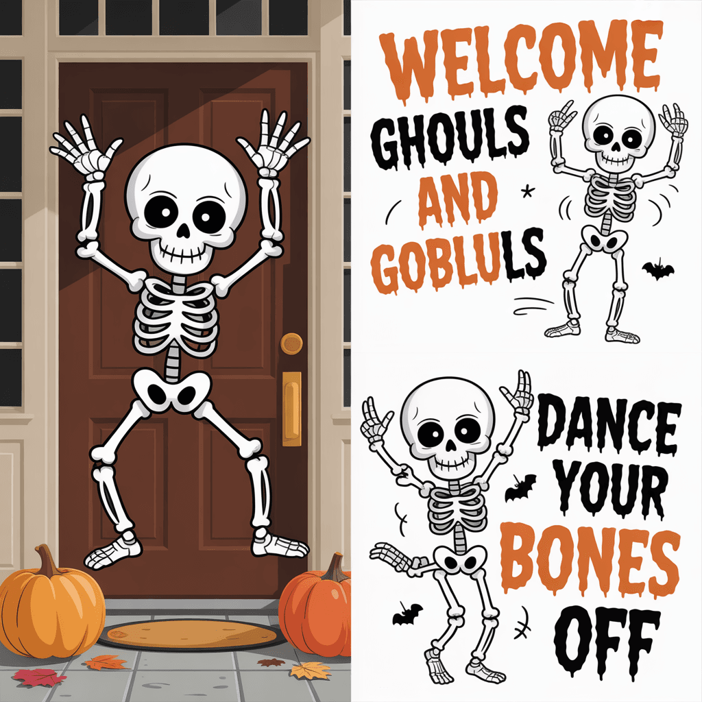 Halloween Printable Door Signs with skeleton dance on a front door.