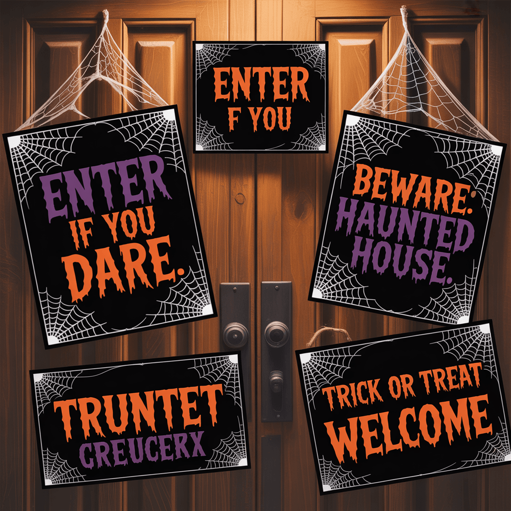 Halloween Printable Door Signs with spider web on a party door.
