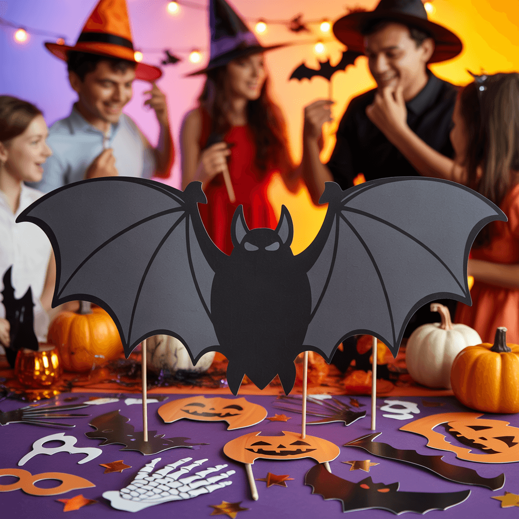 Halloween Printable Photo Booth Props with bat wings at a party.