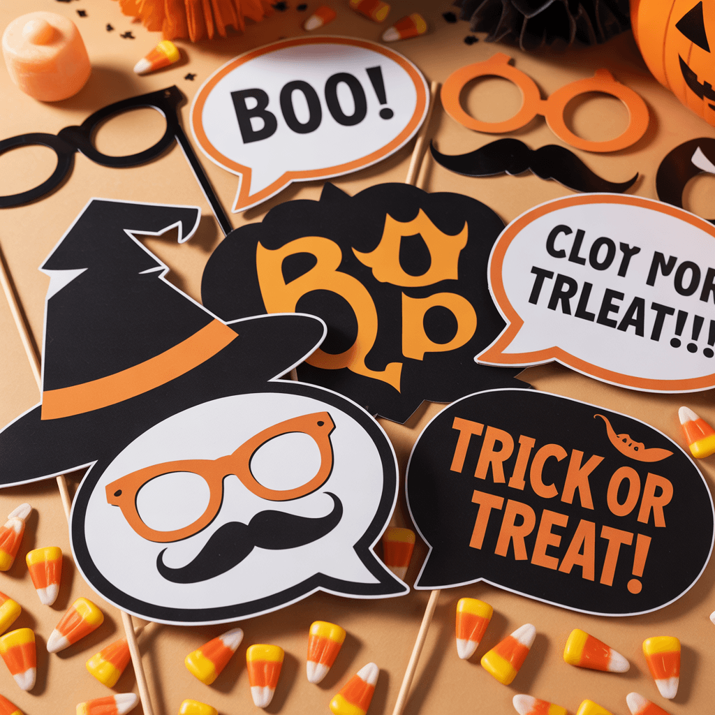 Halloween Printable Photo Booth Props with candy corn at a party.
