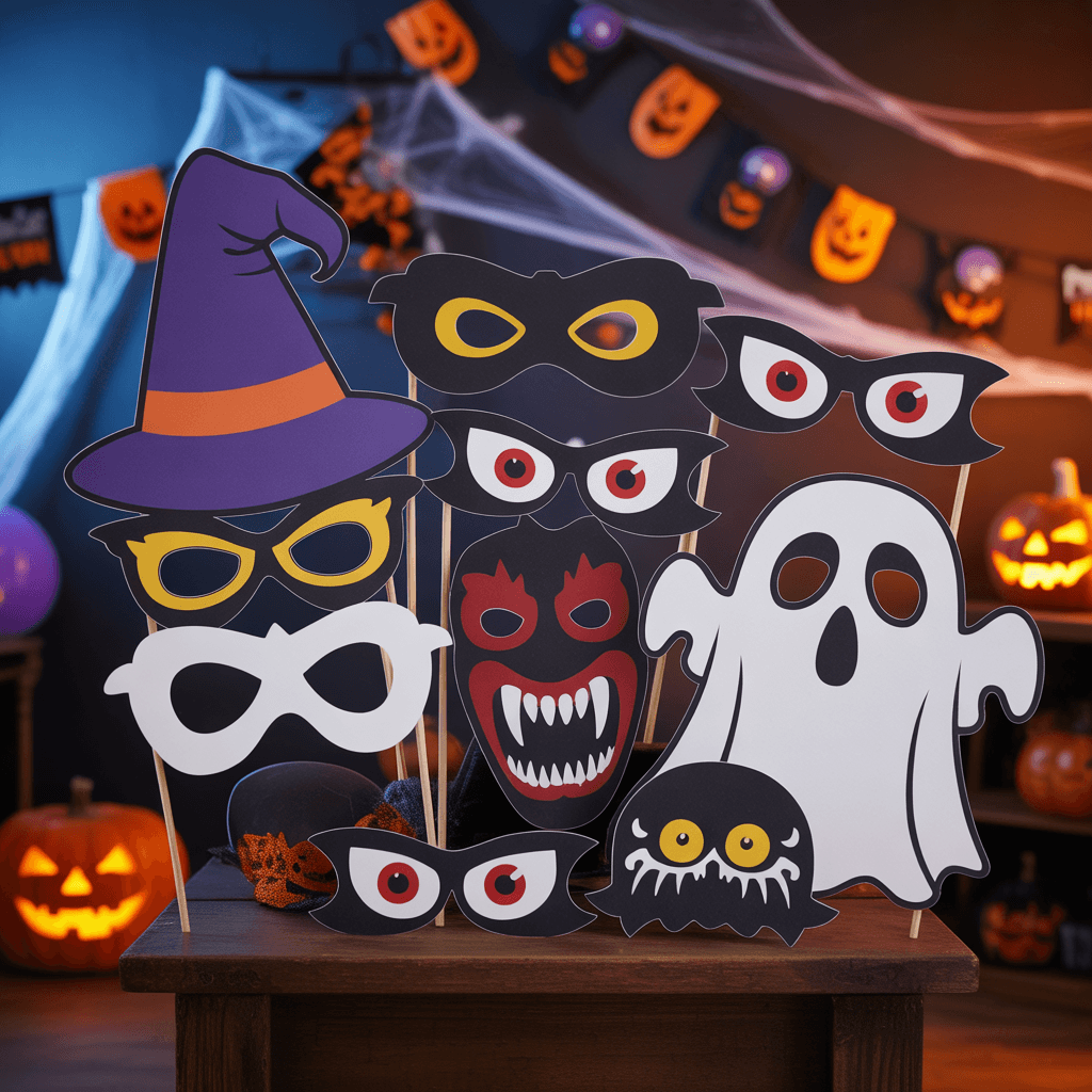 Halloween Printable Photo Booth Props with haunted eyes at a party.
