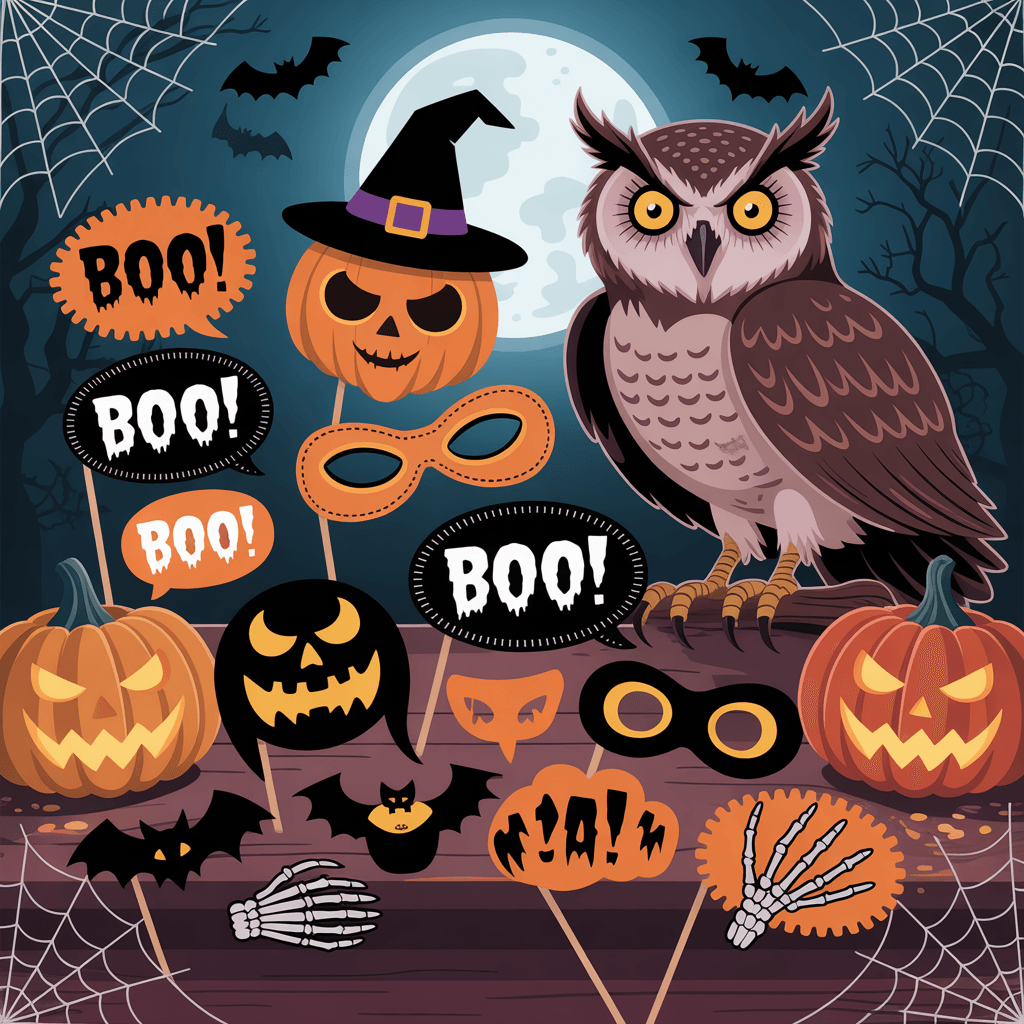 Halloween Printable Photo Booth Props with moonlit owl at a party.