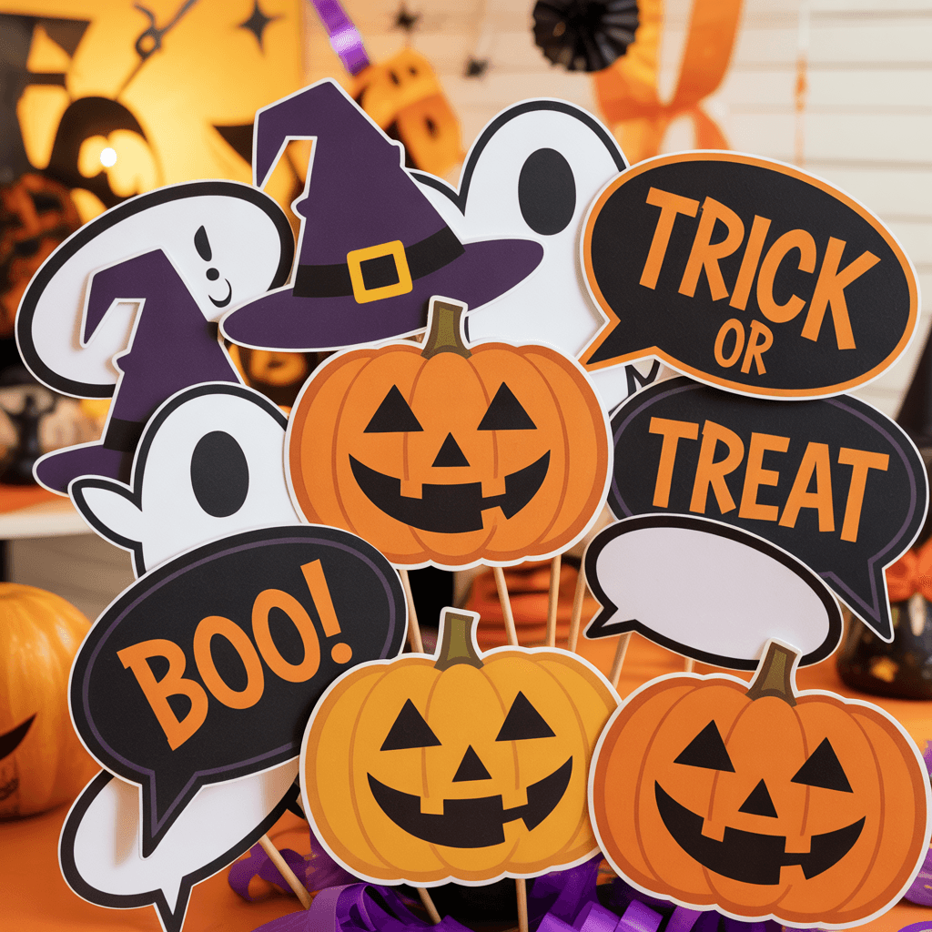 Halloween Printable Photo Booth Props with pumpkin face at a party.