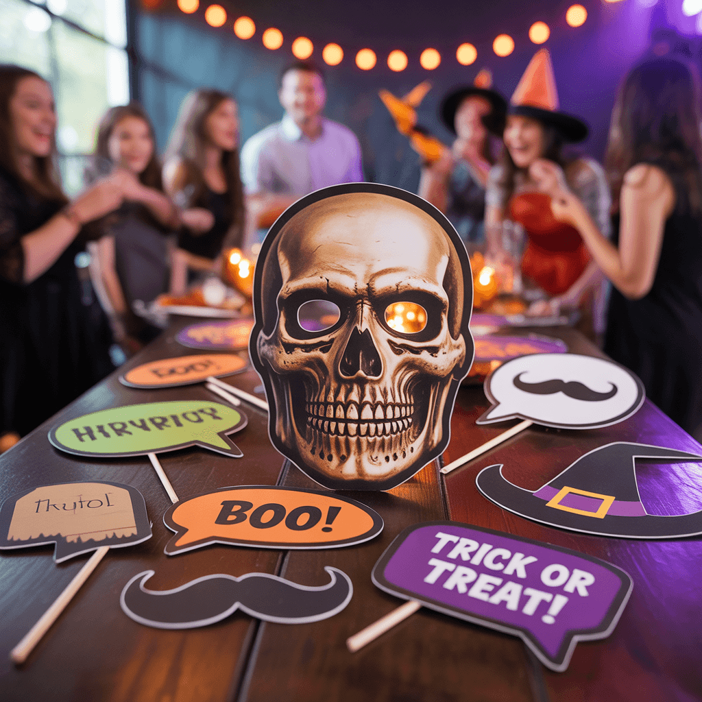  Halloween Printable Photo Booth Props with skeleton mask at a party.