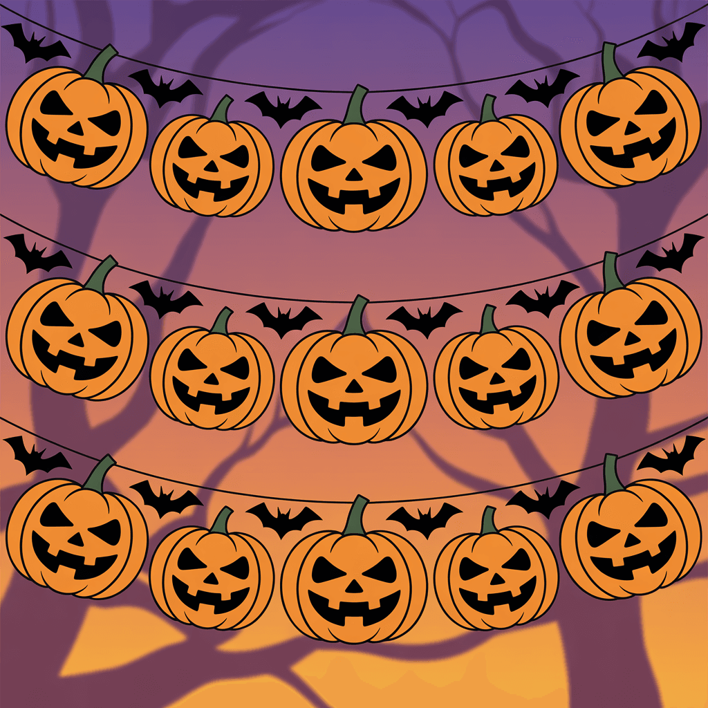  Halloween Printable Pumpkin Banners with bats design on a party backdrop.