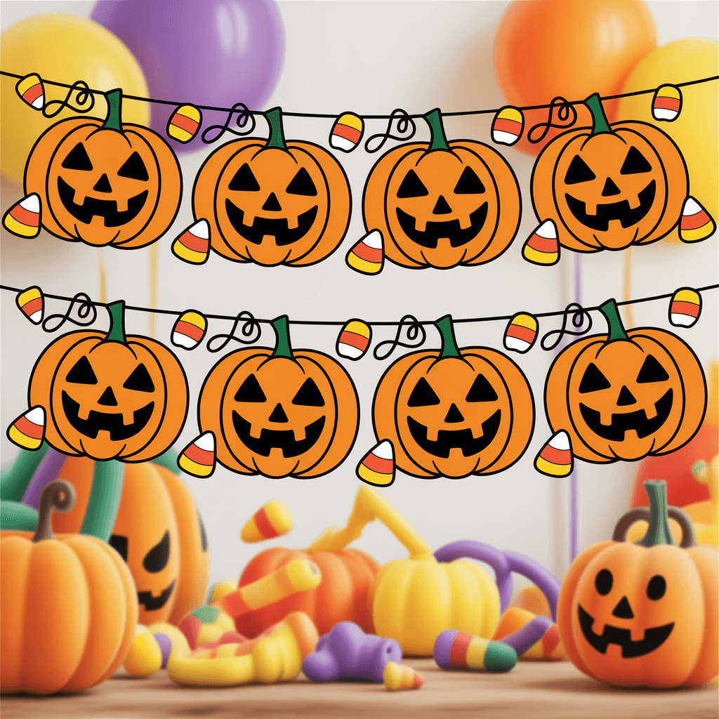 Halloween Printable Pumpkin Banners with candy corn design at a kids’ party