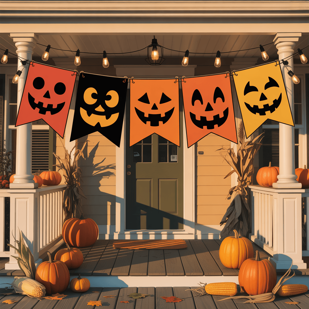 Halloween Printable Pumpkin Banners with jack-o’-lantern design on a porch.