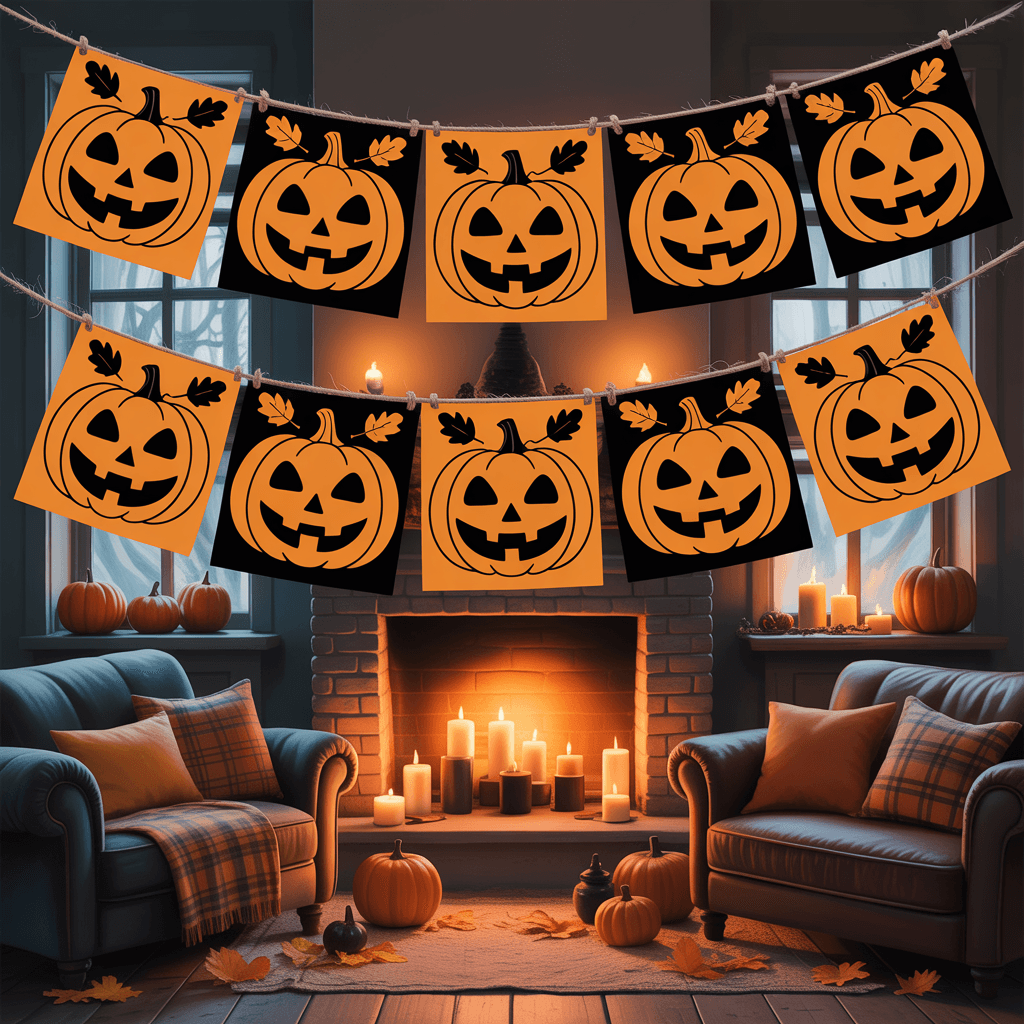 Halloween Printable Pumpkin Banners with moonlit design in a cozy space.