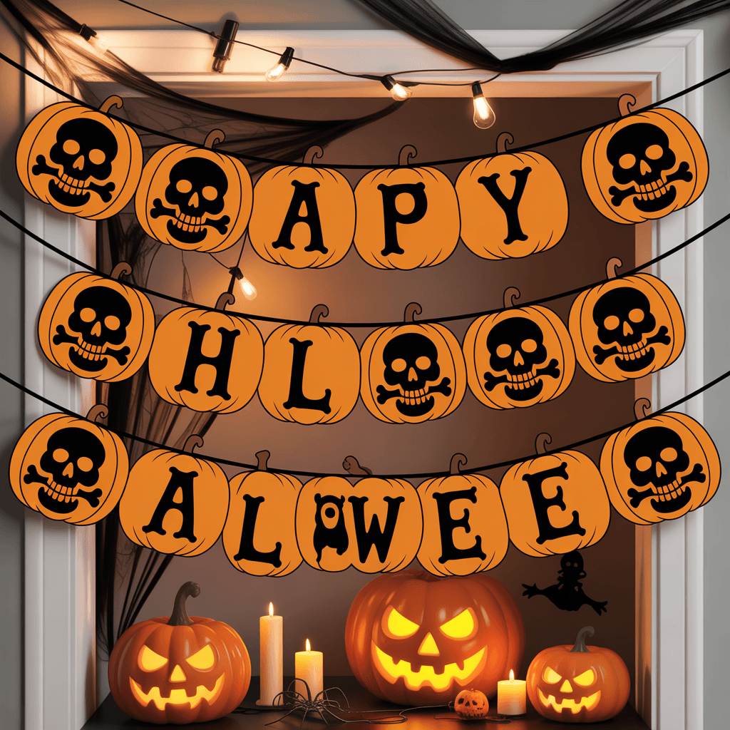 Halloween Printable Pumpkin Banners with skull design in a party setup.