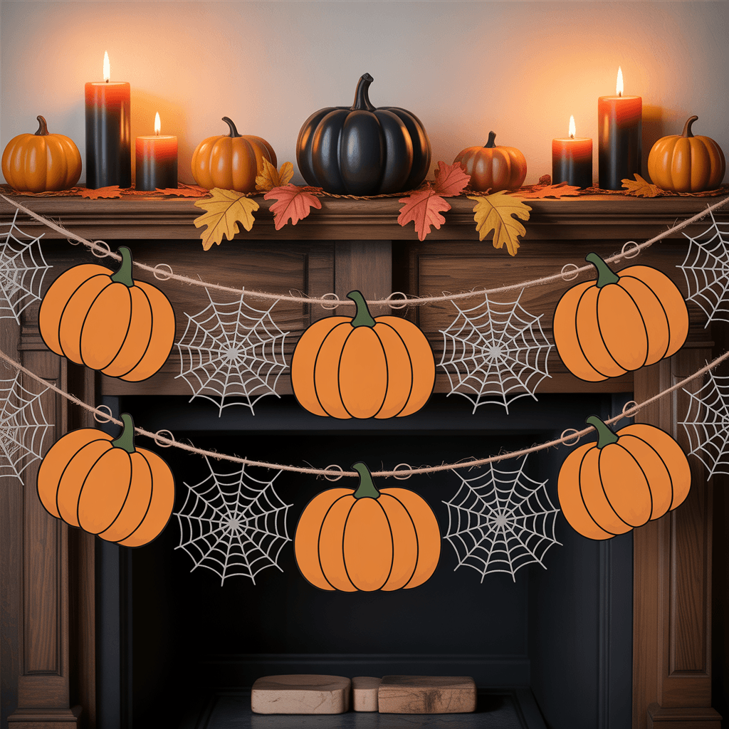 Halloween Printable Pumpkin Banners with spider web design on a mantel.