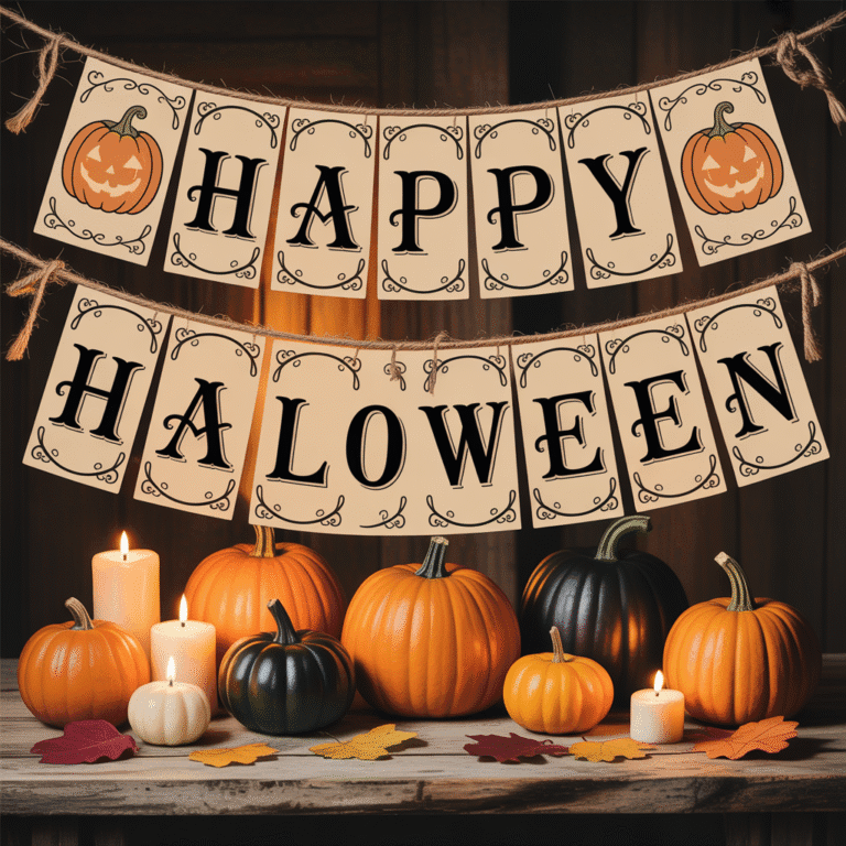 Halloween Printable Pumpkin Banners with vintage design on a party table