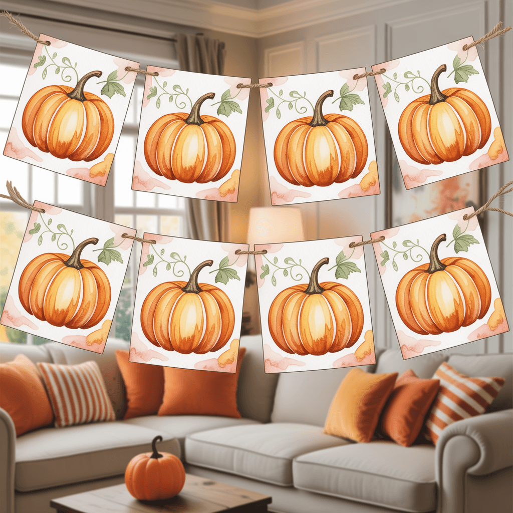 Halloween Printable Pumpkin Banners with watercolor design in a living room