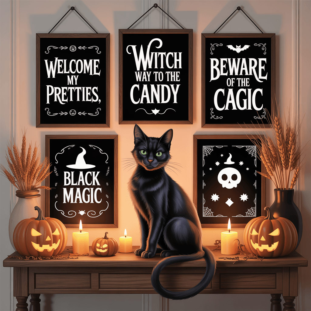 Halloween Printable Witchy Signs with black cat in an entryway.