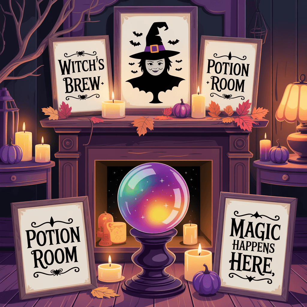 Halloween Printable Witchy Signs with crystal ball in a living room.