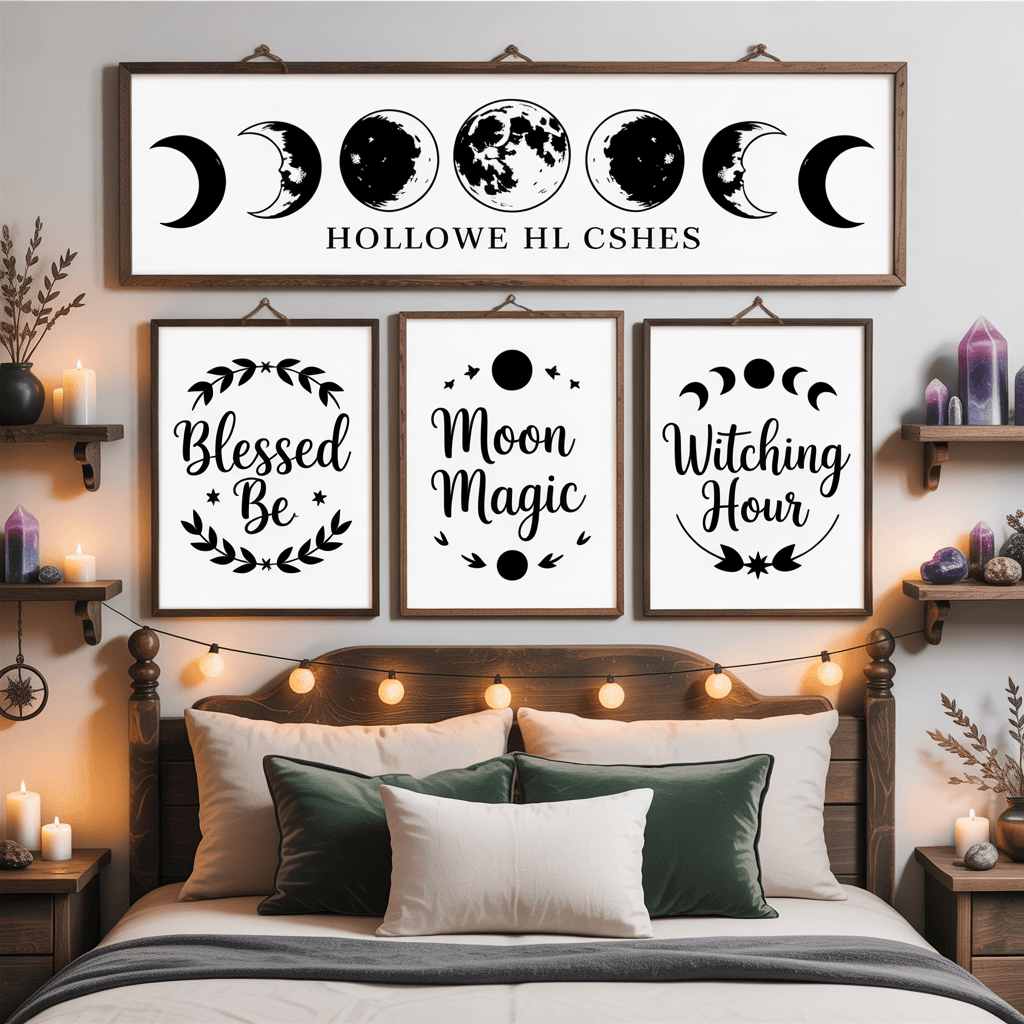 Halloween Printable Witchy Signs with moon phases in a bedroom.