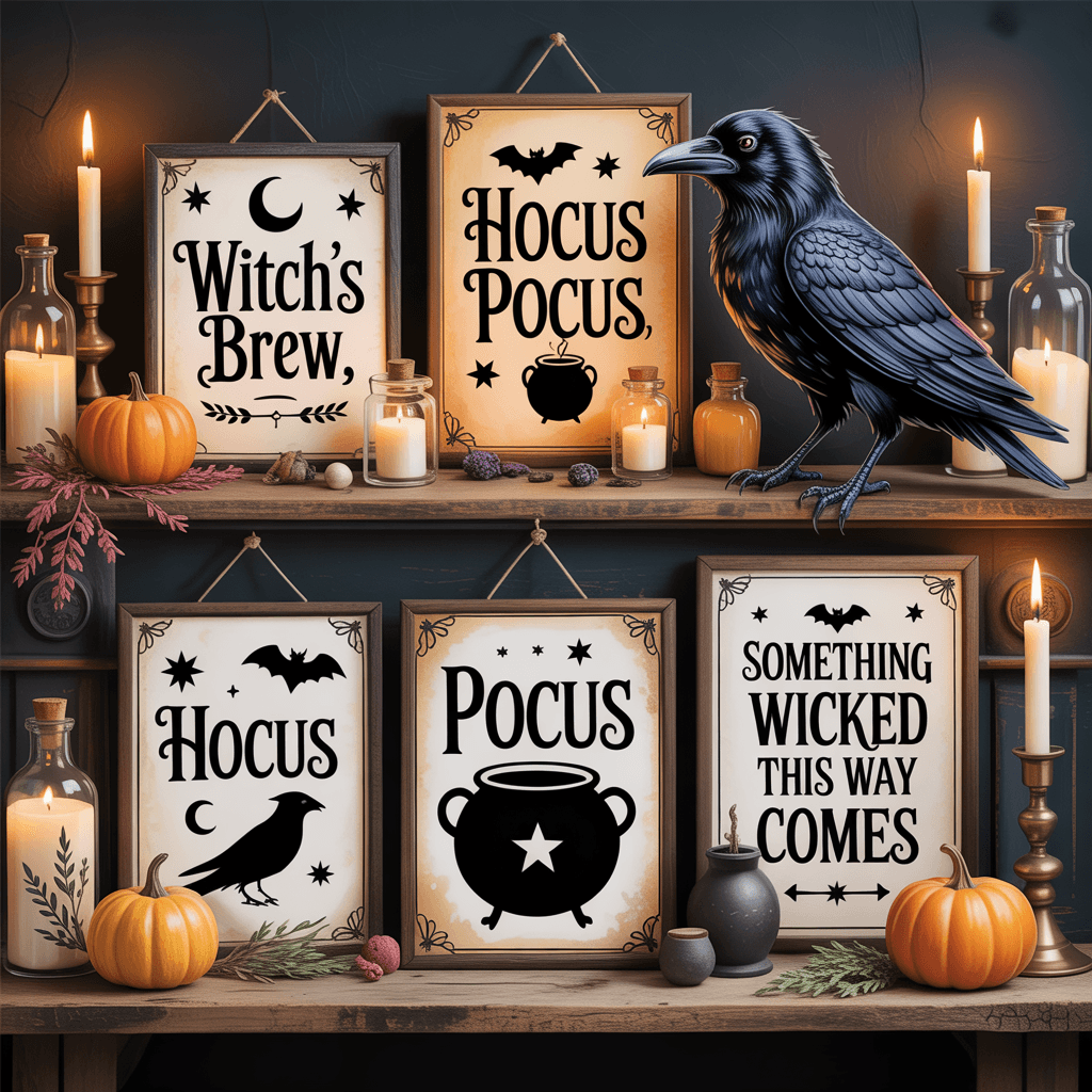 Halloween Printable Witchy Signs with raven on a mantel.
