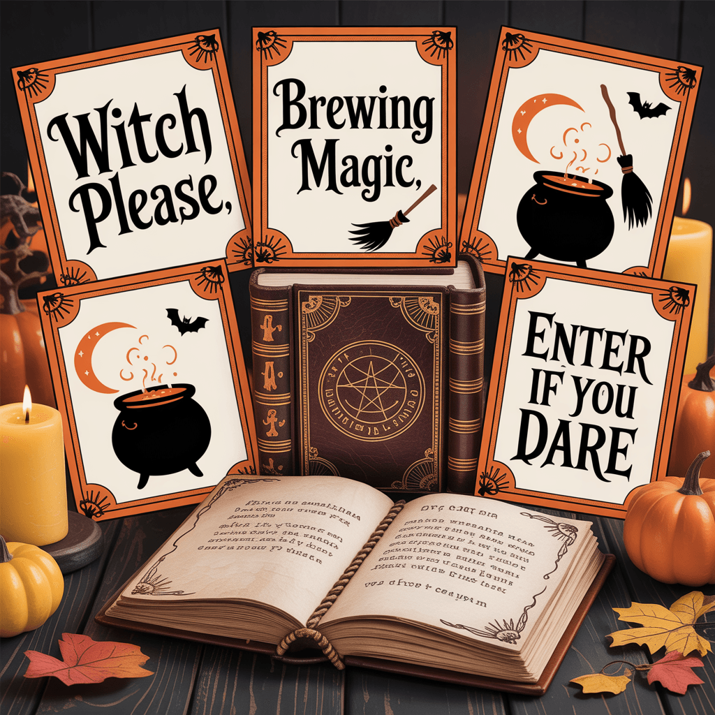 Halloween Printable Witchy Signs with spellbook on a party table.