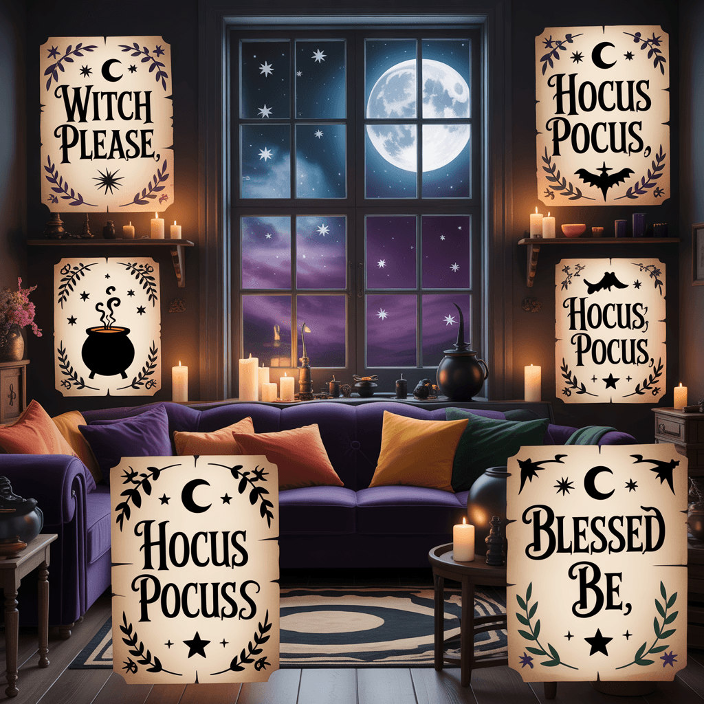 Halloween Printable Witchy Signs with starry night in a living room.