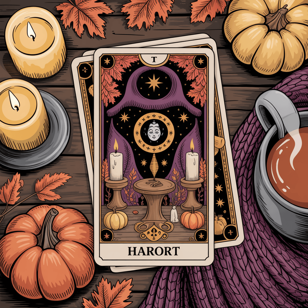 Halloween Printable Witchy Signs with tarot card in a cozy space.